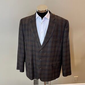 Joseph Abboud mens 52R brown plaid 100% wool 3-button blazer jacket EUC